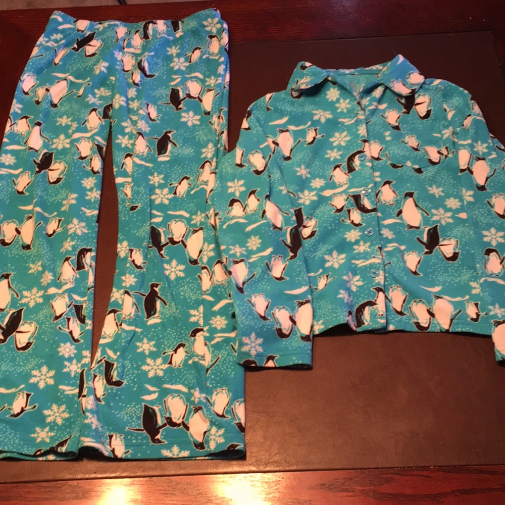 Warm Childs pajama set blue with penguins and snow